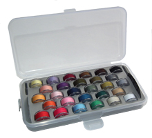 Bobbin box with 28 plastic bobbins and threads.    